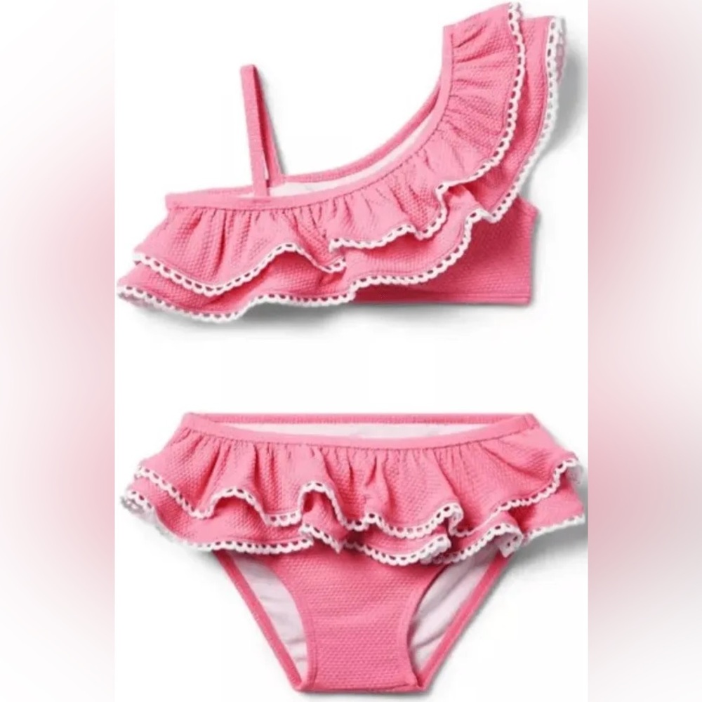 Janie and Jack Pink Ruffle Bikini Set with White Trim